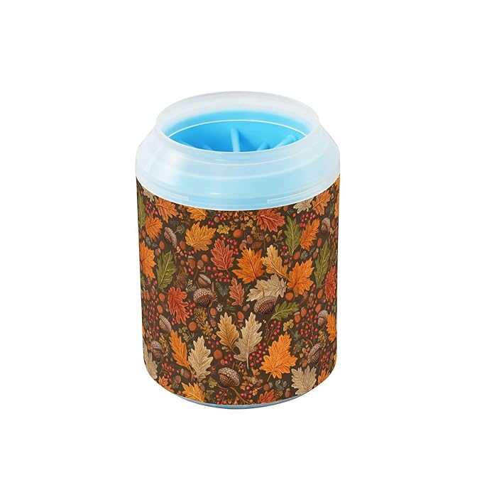 Dog Paw Cleaner Cups for Dogs Pets Foot Washer Paw Scrubber for Medium Small Cats Dogs Cute Cleaning Cup Brown Maple Leaves Acorns Berries Branches