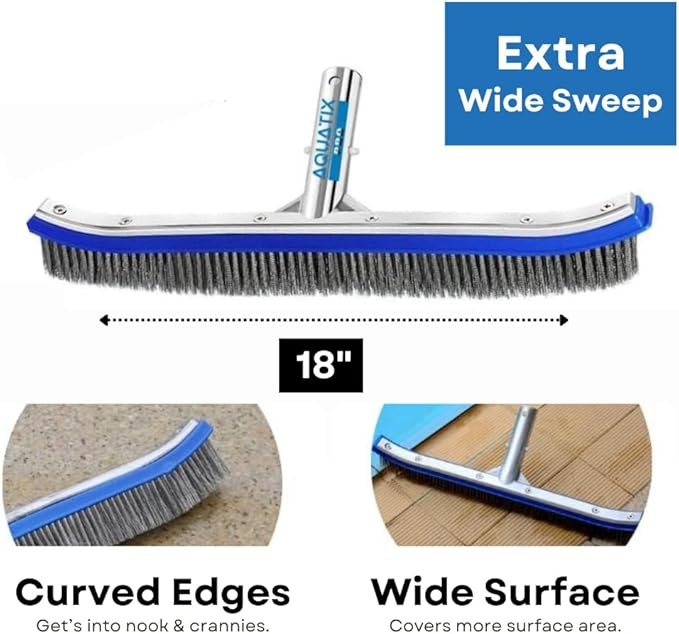 Aquatix Pro Pool Brush Head, 18" Heavy Duty for Cleaning Walls & Floors, Stainless Steel Bristles, Reinforced Aluminum Back, Curved Ends for Corners, EZ Clip, Swimming Pool Brushes for Tiles & Steps