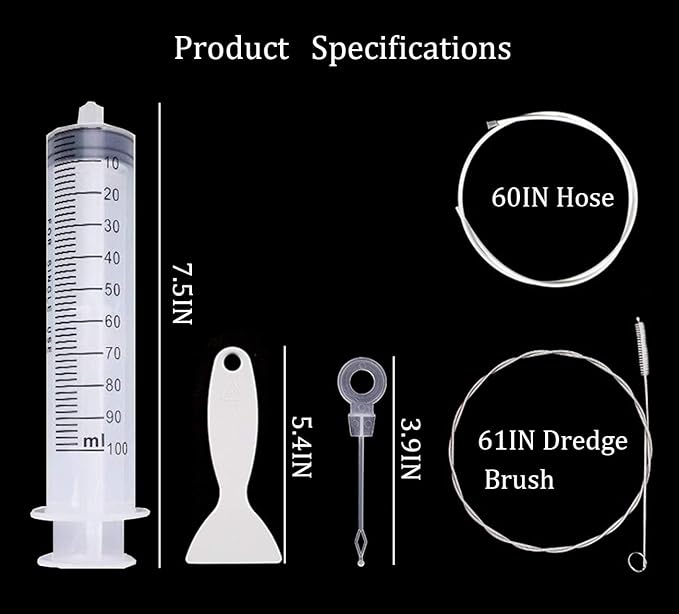MUAECH Refrigerator Drain Hole Cleaner Kit, 7-Piece Fridge Drain Tube Cleaning Tool with 60IN Long Flexible Brush & Hose, for Clogged Water Line & Dispenser - Includes Syringe, Plungers, Shovel
