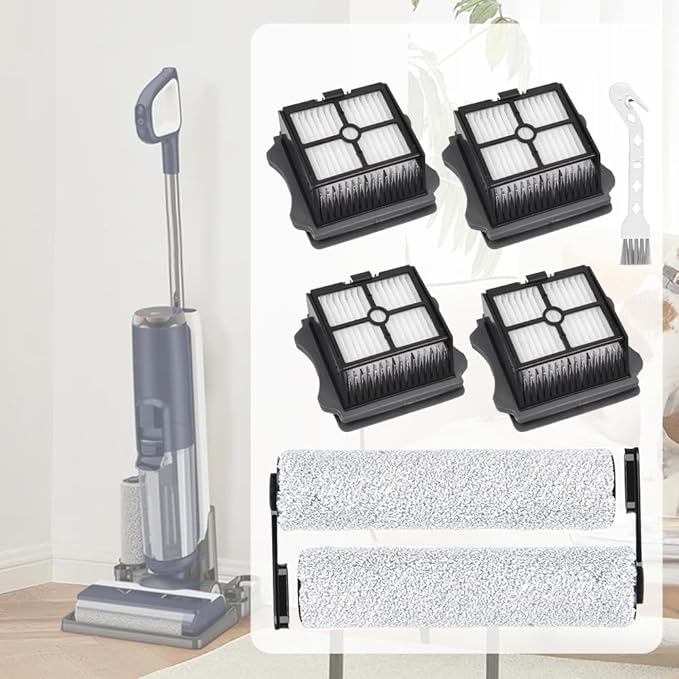 Roller Brush and Filters Replacement Parts for Tineco Floor ONE S5/S5 Pro/S5 Pro 2/S5 Extreme Cordless Wet Dry Vacuum Cleaner- 2 Roller Brushes + 4 HEPA Filters + 1 Cleaning Brush (7 Pcs)