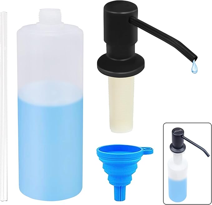 Soap Dispenser for Kitchen Sink (Matte Black), Built in Design Sink Soap Dispenser, Refill from The Top,Stainless Steel Kitchen Soap Pump with 10 fl.oz Bottle (300ml)