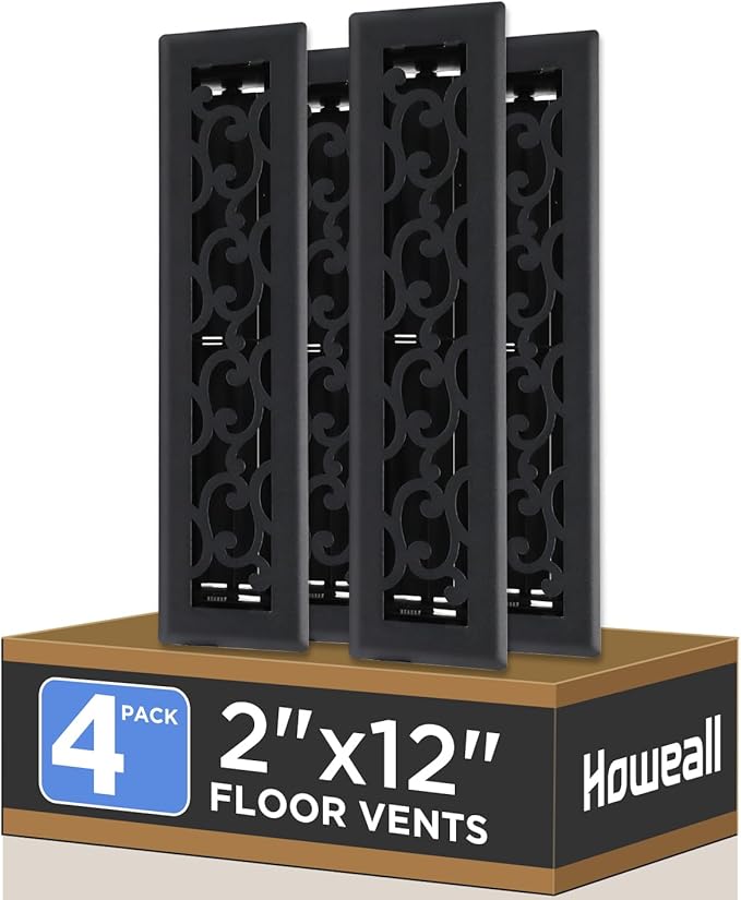 2x12 Inches 4 Pack Heavy Duty Walkable Floor Register - Easy Adjust Air Supply Lever Decorative Floor Vent Covers, Savannah Design Vent Covers for Home - Matte Black