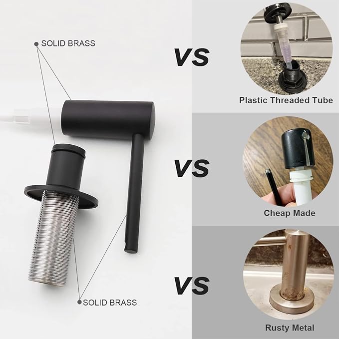 Matte Black Built in Dish Soap Dispenser for Kitchen Sink, Under Counter Brass Pump Head Hand Soap Pump with 17 OZ PET Soap Bottle Refill from Top, Undermount Brass Liquid Soap Dispenser