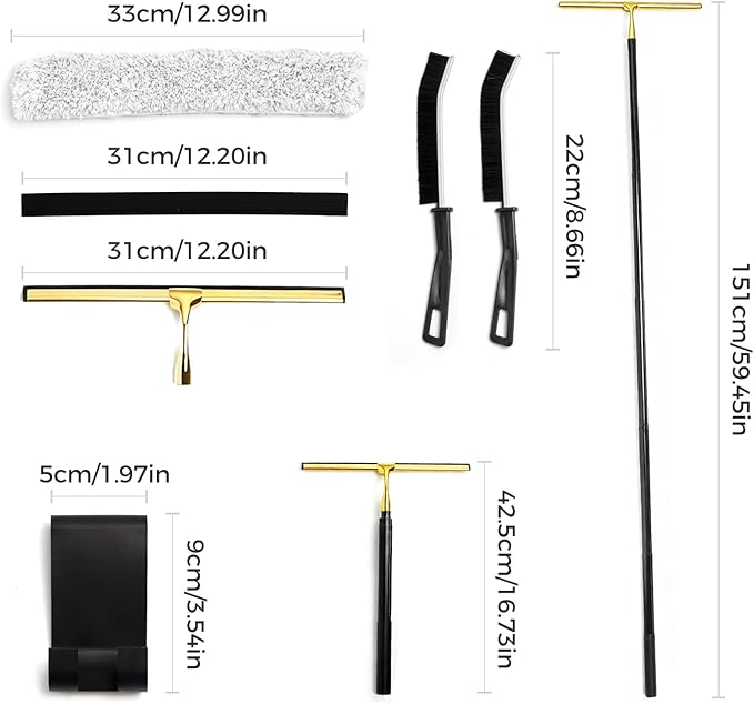 59.5" Long Handle Window Squeegee with Extension Pole, 12.4" Wide Metal Shower Squeegee for Glass Doors, Floor Squeegee for Home Window Cleaning, Tile Wall, Car (Gold)