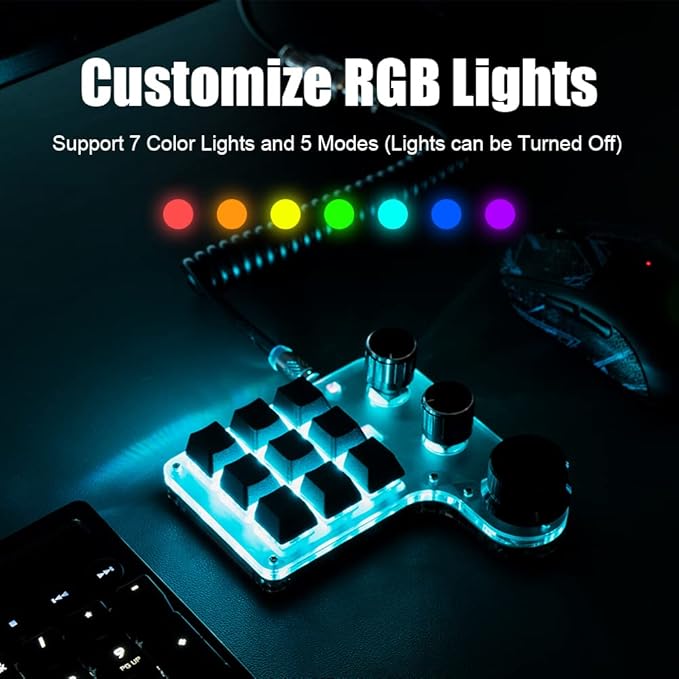 9-Keys USB Mini Keypad, Programming Macro Pad with 3 Knobs, RGB Macro Mechanical Gaming Keyboard for OSU NKRO, Hot-Keys One-Handed Mechanical Keyboard (9Key 2.4G)