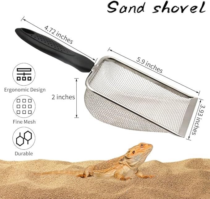 Reptile Sand Scooper,Stainless Steel Fine Mesh Reptile Substrate Scoop Terrarium Substrate Litter Cleaner Reptile Sand Shovel for Sand Bedding