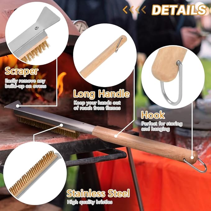 Pizza Oven Brush, 21" Brush and Stainless Steel Scraper for Pizza Stone, BBQ Grill Cleaning Brush Non Scratch Heat Proof Brass Bristles with Screwdriver, Outdoor Pizza Oven Accessories