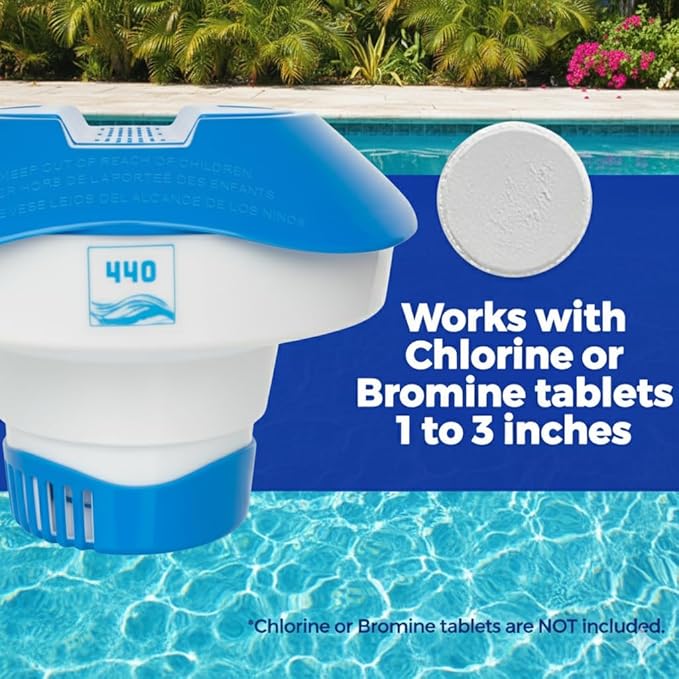 440 Pool Chlorine Floater Dispenser, Fits Up to 3 Pieces of 3-Inch Chlorine Tabs, Adjustable Flow, Control, Heavy-Duty Plastic - Suitable for Small & Medium Pools (See Images - 2K Gal to 15K Gal)