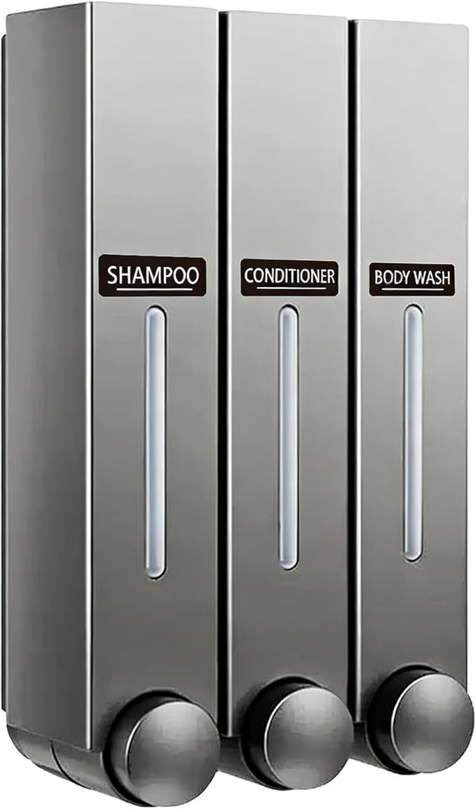 Shower Shampoo Dispenser 3 Chamber-Wall-Mounted Soap Dispenser for Bathroom,No-Drill Installation,42.6 oz Capacity,Shampoo Conditioner Body Wash Dispenser,Wall Mount Soap Dispenser for Shower