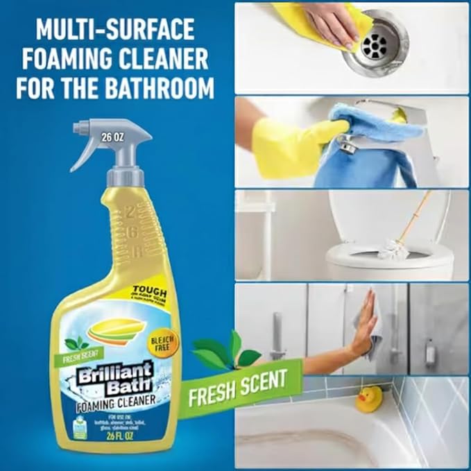 Brilliant Bath Foaming Bathroom Cleaner, Fresh Scent, 26 fl oz Bottles (Pack of 2) – Bleach-Free Multi-Surface Cleaner for Soap Scum, Hard Water & Grime