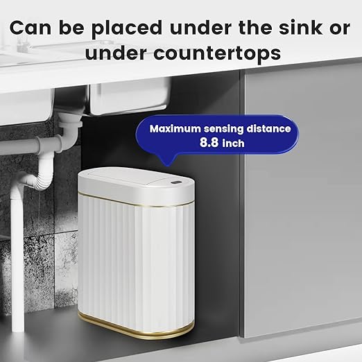 Bathroom Trash Can with Butterfly Lid 2 Gallon Sensor Trash can, IPX5 Waterproof Garbage Can, Automatic Slim Trash Bin, Under-Counter Wastebasket, Bathroom Decor for Bedroom, White Gold