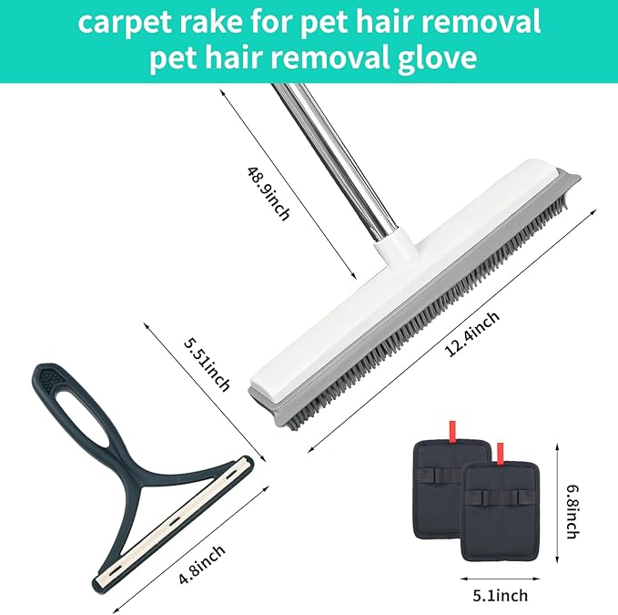 Pet Hair Removal Rubber Broom & Carpet Rake with Squeegee – 51” Adjustable Handle Cat & Dog Hair Remover Tool for Rugs, Hardwood, Tile, Cat Litter & Windows – Includes 2 Pack Grooming Gloves