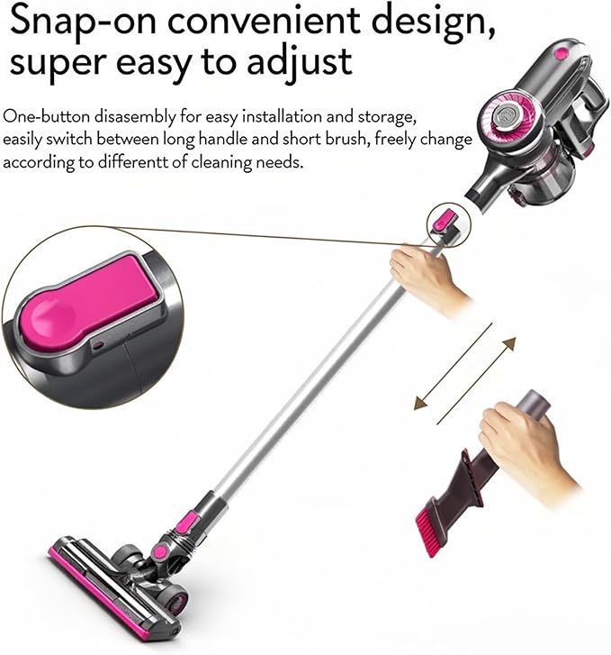 Novaspark Pink Cordless Stick Vacuum Cleaner - 18.5kPa Suction, 50-Min Runtime, Tangle-Free Pet Hair Cleaning, Lightweigh Design with LED Light, HEPA Filter and 4-in-1 Brush Set, HSC-01