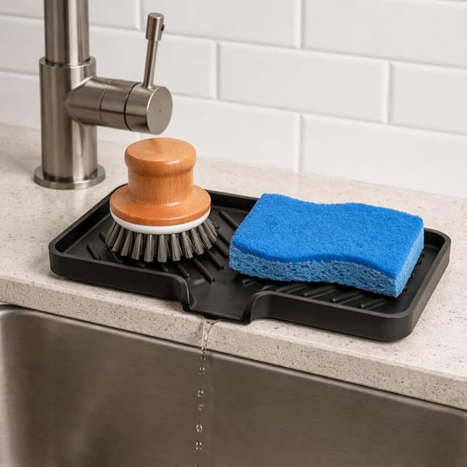 Happitasa Silicone Soap Dish Tray and Sponge Holder with Drain Chute and Feet | 3-Way Sloped Design | Bathroom and Kitchen Sink Organizer Caddy (Sand Dollar, 10"x4")
