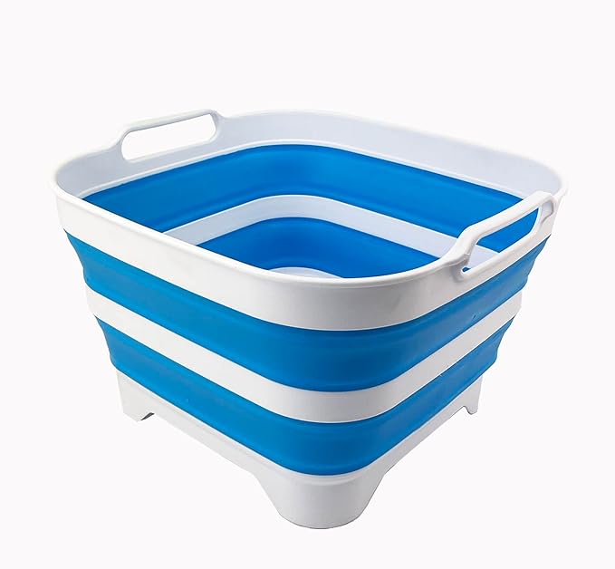 SAMMART 10L (2.64 Gallon) Collapsible Dishpan with Draining Plug - Foldable Washing Basin - Portable Dish Washing Tub - Space Saving Kitchen Storage Tray (White/Aqua Blue/White)