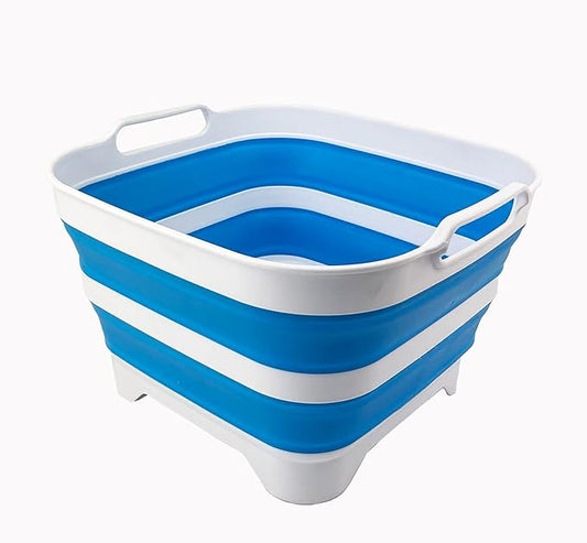 SAMMART 10L (2.64 Gallon) Collapsible Dishpan with Draining Plug - Foldable Washing Basin - Portable Dish Washing Tub - Space Saving Kitchen Storage Tray (White/Aqua Blue/White)
