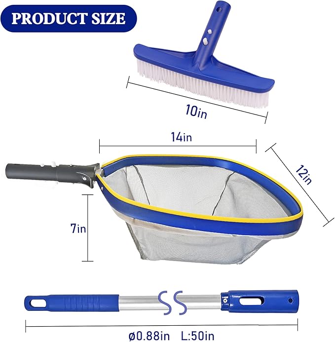 Poolvio Swimming Pool Cleaning Kit, 14'' Brush Head & 50'' Telescopic Aluminum Pole with Fine Mesh Skimmer Net - Perfect for Above Ground Pools, Spas, Hot Tub Fountains Blue (PK0140)