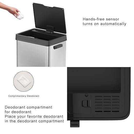 Motion Sensor Trash Can, Automatic Trash Cans Touchless, 13 Gallon 50 Liter Stainless Steel Garbage Cans for Kitchen Living Room with Odor Control & Wheels, Soft-Closing, Stay Open Lid