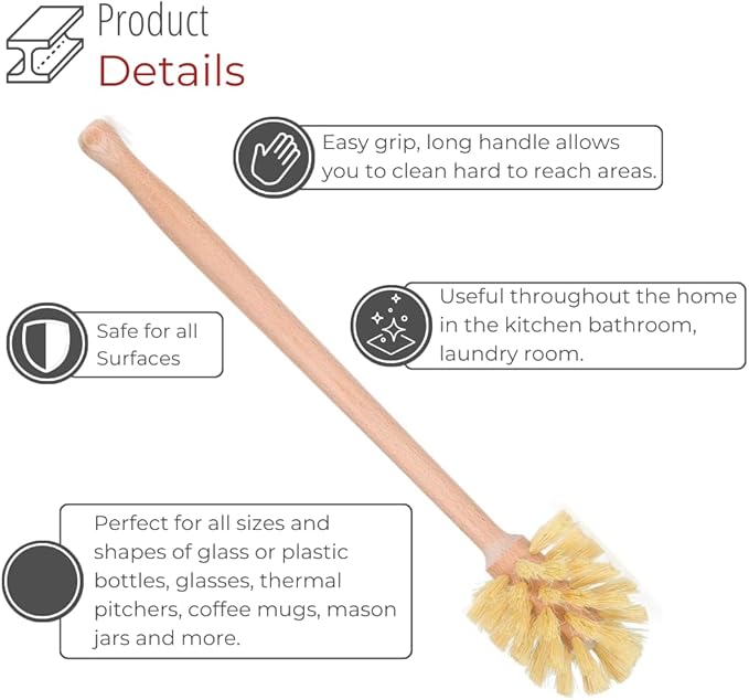 husMait Bottle Brush with Extra Long Wood Handle and Strong Bristles - Cleans and Scrubs Hard to Reach Wide Mouth Jars, Glasses, and Dishes