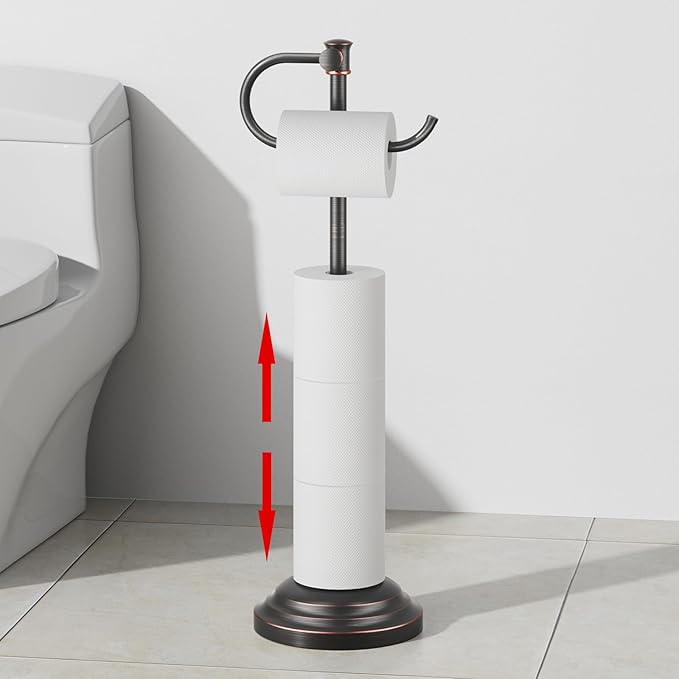 RUMOSE Toilet Paper Holder Stand for Floor, Oil Rubbed Bronze Bathroom Free Standing Toilet Tissue Roll Holder with Storage, Adjustable 17-25 Inch, SUS304 Stainless Steel