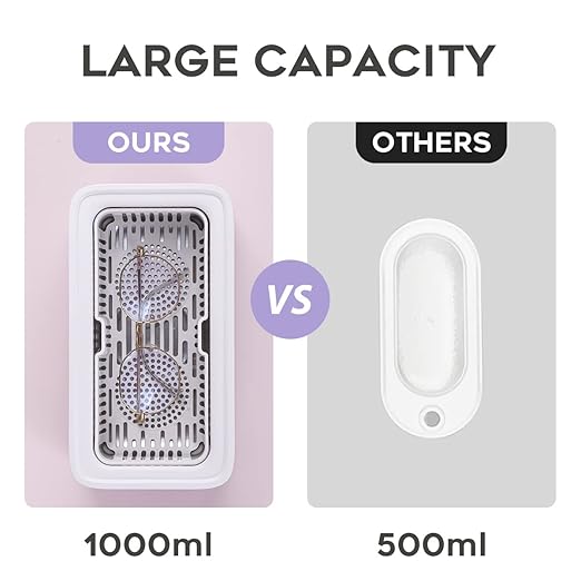 Adiding Jewelry Cleaning Machine, 1000mL (33.8oz) Sonic Retainer Ring Cleaner with 5 Time Mode and Degassing Function Ultrasonic for Glasses, Earrings, Necklaces, Denture, Coins, Pacifier (Purple)