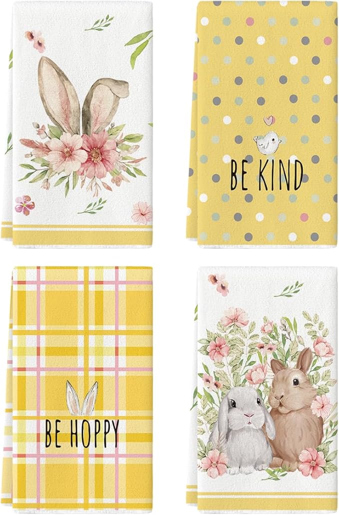 Artoid Mode Yellow Stripe Polka dots Rabbit Bunny Easter Kitchen Towels Dish Towels, 18x26 Inch Seasonal Spring Decoration Cleaning Set of 4