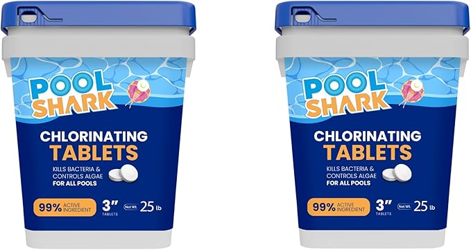 Pool Shark Swimming Pool Chlorine Tablets 3-Inch Chlorine Tablets Slow-Dissolving 90% Active Chlorine Tabs Pool Chemicals for Inground Pools, Above Ground Pools Saltwater 2x25 lbs Total of 50 Lbs