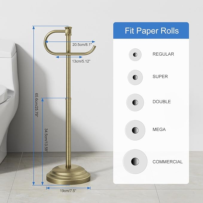 RUMOSE Toilet Paper Holder Stand for Floor, Antique Brass Bathroom Free Standing Toilet Tissue Roll Holder with Storage, Adjustable 17-25 Inch, SUS304 Stainless Steel