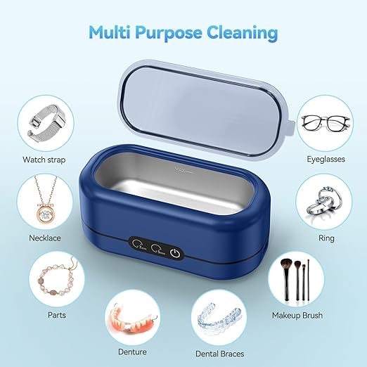 Ultrasonic Jewelry Cleaner, Upgraded 48KHz Jewelry Cleaner Ultrasonic Machine with 304 Stainless Steel Tank for Eyeglasses, Rings, Watch Strap, Dentures, Dual Cleaning Modes - Dark Blue