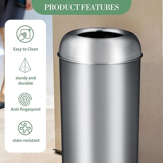 65L/17 Gallon Tall Commercial Trash Can, Large Capacity Brushed Stainless Steel Trash Bin with Open Top & Sleek Hidden Bag Holder, Commercial Grade Heavy Gauge for Home, Office, Restaurant
