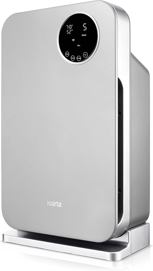 Air Purifier for Home - Smart WiFi App - Ultra Quiet 20 dB - Removes Allergens, Smoke & Odors - 99.97% Particle Filtration - Up to 1200 ft - Klarta Forste Silver