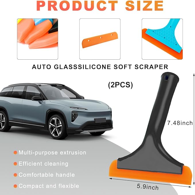 2PCS Small Silicone Window Squeegee, 5.9 Inch Car Windshield Water Blade Squeegee with Non-Slip Handle, All-Purpose Cleaning Squeegee for Car Windshield, Window, Mirror (Black+Blue)