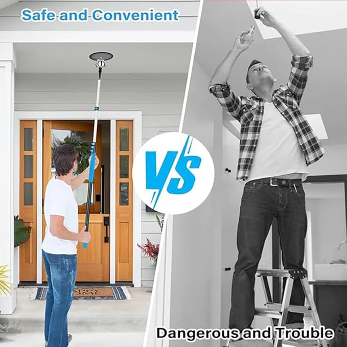 12FT Light Bulb Changer for High Ceilings with 3-12FT Extension Pole, Fan Duster for Ceiling Fan Blades, Microfiber Feather Duster, Rotatable Window Squeegee and Cobweb Duster, High Reach Duster Kit