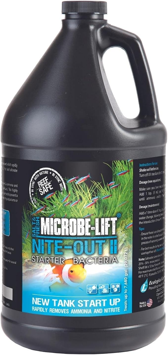 MICROBE-LIFT Nite-Out II Aquarium Bacteria for Start-up, Instantly Cycle Aquariums, Add Fish on Day 1, Rapid Ammonia and Nitrite Reducer for Freshwater & Saltwater Fish Tank, 1 Gallon (NITEHG1)