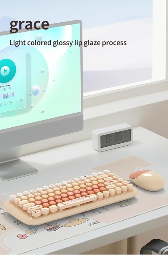 MOFII-TzBBL Mini Wireless Keyboard Mouse Set Round Keycap Multi-Colour Cute Lovely for Girls 84 Key (Multicolor-Chocolate)……