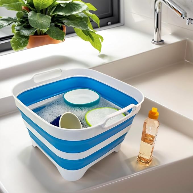 SAMMART 10L (2.64 Gallon) Collapsible Dishpan with Draining Plug - Foldable Washing Basin - Portable Dish Washing Tub - Space Saving Kitchen Storage Tray (White/Aqua Blue/White)