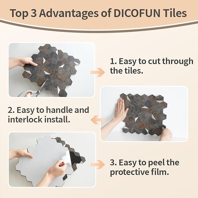 DICOFUN Hexagon Tile Mixed Metal Peel and Stick Backsplash, Self Adhesive Mosaic Tiles for Kitchen and Bathroom (1, Rust Slate and Silver)