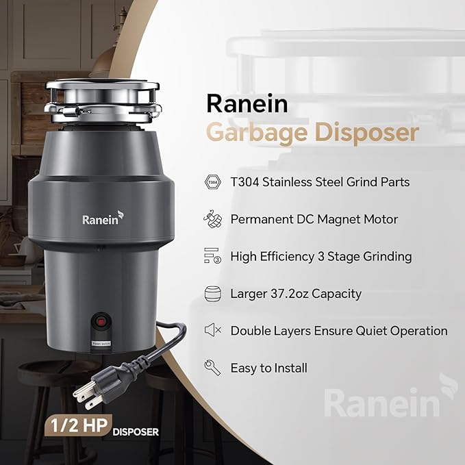 Ranein 1/2 HP Garbage Disposal with Power Cord, Quiet Stainless Steel Grinding, Continuous Feed Kitchen Sink Food Waste Disposer, DeepCut Fine Grinding Anti-Clog System
