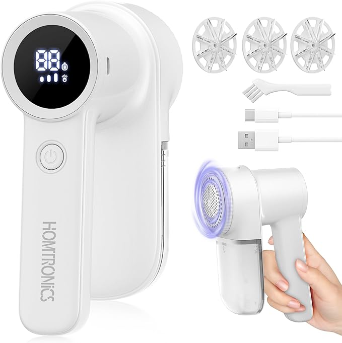 Lint Remover Rechargeable Fabric Shaver : 3-Speeds Sweater Shaver with LED Display & LED Light, 3 Extra Blades, Type-C Cable, Electric Lint Remover for Clothes & Furniture, Birthday Gifts for Women
