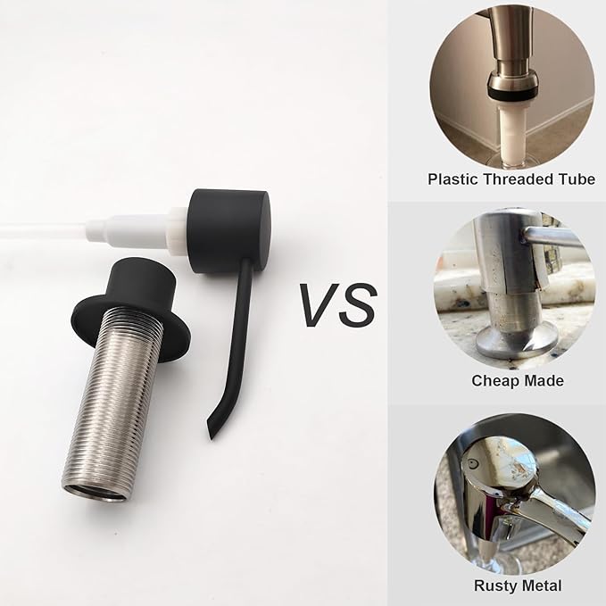 Matte Black Brass Soap Dispenser for Kitchen Sink Countertop Built in Brass Pump Head Sink Soap Dispenser Refill from The Top with Long Nozzle