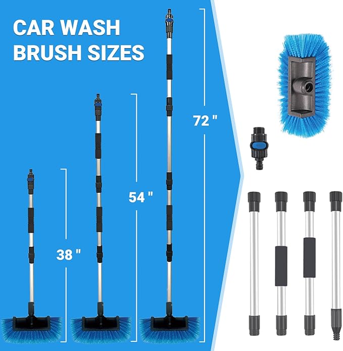 72" Long Handle Car Wash Brush with Hose Attachment, Flow-Through Soft Bristle Five-Sided Brush