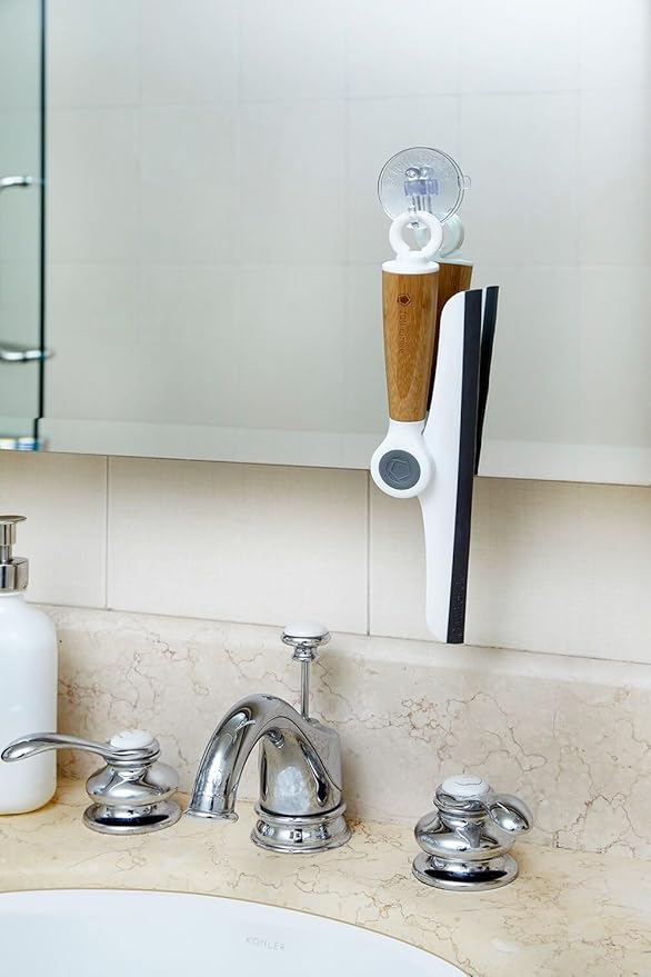 Full Circle Wipe Out, Pivoting Shower Squeegee with Hanging Hook and Suction Cup, Durable Bamboo Handle, White