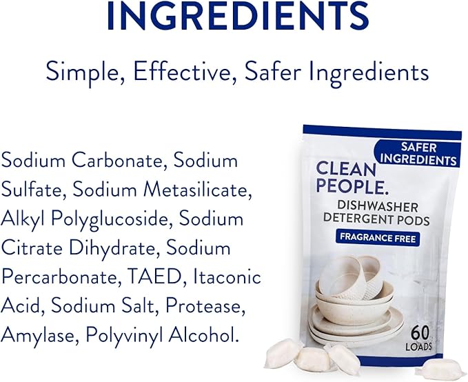The Clean People Dishwasher Pods - Cuts Grease & Rinses Sparkling Clean - Residue-Free - Phosphate Free Dishwashing Pods (60 Count, Fragrance Free) (Pack of 2)