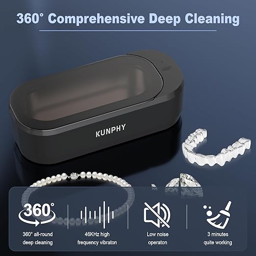 KUNPHY Sonic Jewelry Cleaner, Jewelry Cleaner Machine with 12oz 46kHz, Professional Sonic Cleaner with One-Touch Operation, Sonic Cleaner for Rings, Glasses, Jewelry, Dentures, 2packs(White+Black)