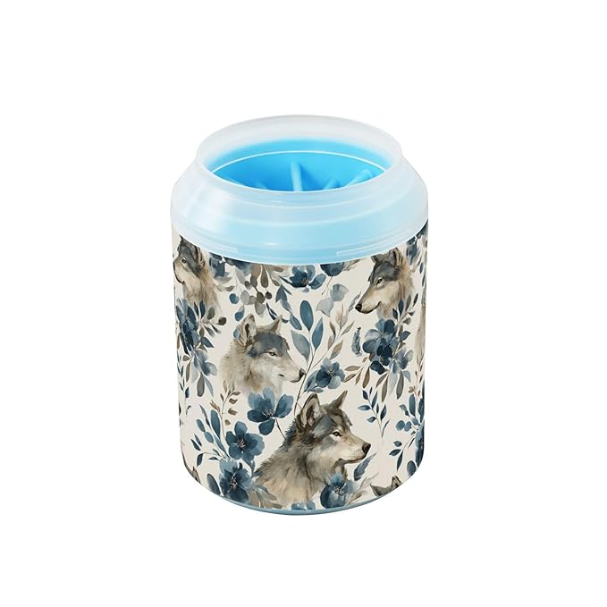 Dog Paw Cleaner Cups for Dogs Pets Foot Washer Paw Scrubber for Medium Small Cats Dogs Cute Cleaning Cup Watercolor Wolves Flowers Grey