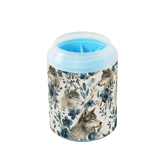 Dog Paw Cleaner Cups for Dogs Pets Foot Washer Paw Scrubber for Medium Small Cats Dogs Cute Cleaning Cup Watercolor Wolves Flowers Grey