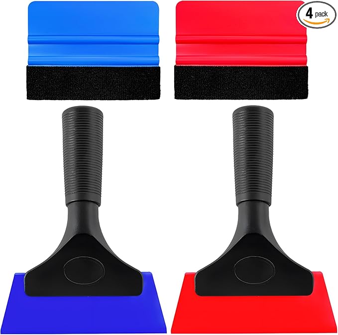 4 PCS Window Tint Kit Tools, Professional Vinyl Wrap Kit with Plastic Squeegee & Felt Squeegee, Universal Privacy Film Installation Tint Tools for Vehicle Glass Home (Blue+Red)