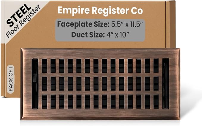 Empire Register Co, Vent Cover - 4x10 inch, Modern Contemporary Design, Antique Copper Finish, Heavy Duty Floor Vent Covers, Metal Damper Attached Vent Covers for Home Floor only