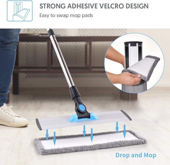 MANGOTIME Microfiber Dust Mop for Hardwood Floors - Dry Floor Cleaning for Wood, Tile, Vinyl, Laminate - Wet Flat Mop With 4 Washable Reusable Pads and Aluminum Head