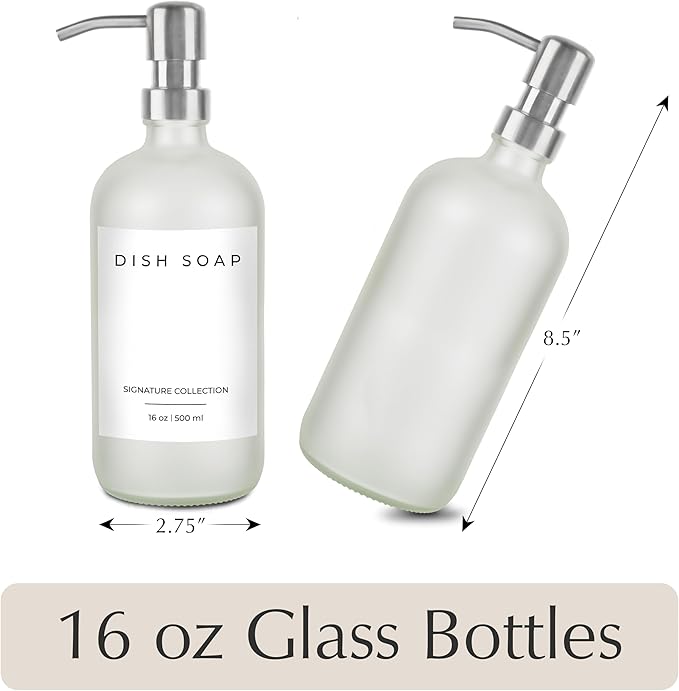 Emerson Essentials Soap Dispenser, Glass Bottles for Kitchen, Soap Bottles Bathroom Set, Kitchen Dispenser Set, Hand Wash and Dish Soap Frost | 2 Pack 16 oz Waterproof Labels